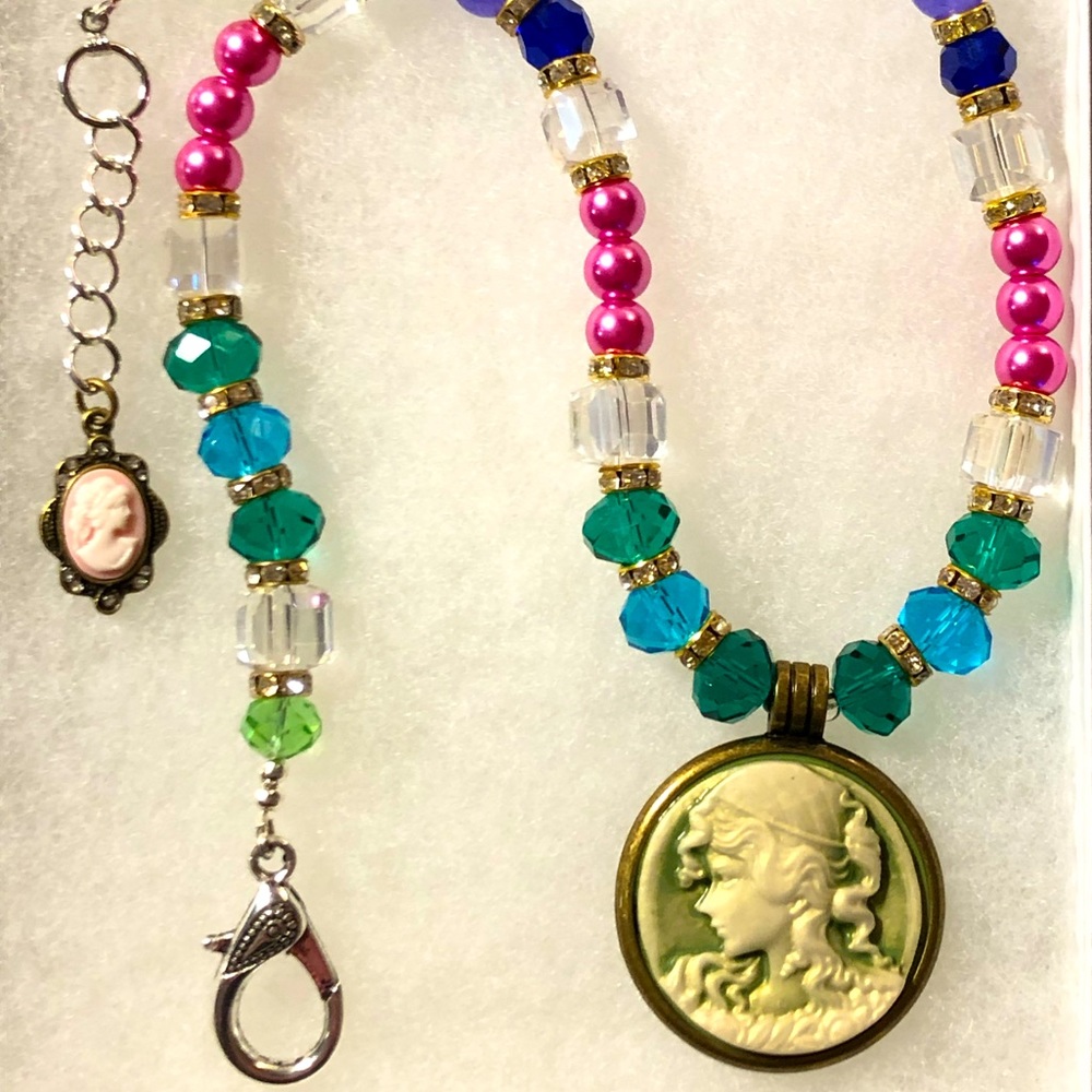 EMILY CAMEO Necklace Handmade Brilliant Green Pink Purple Blue Artisan Glass New